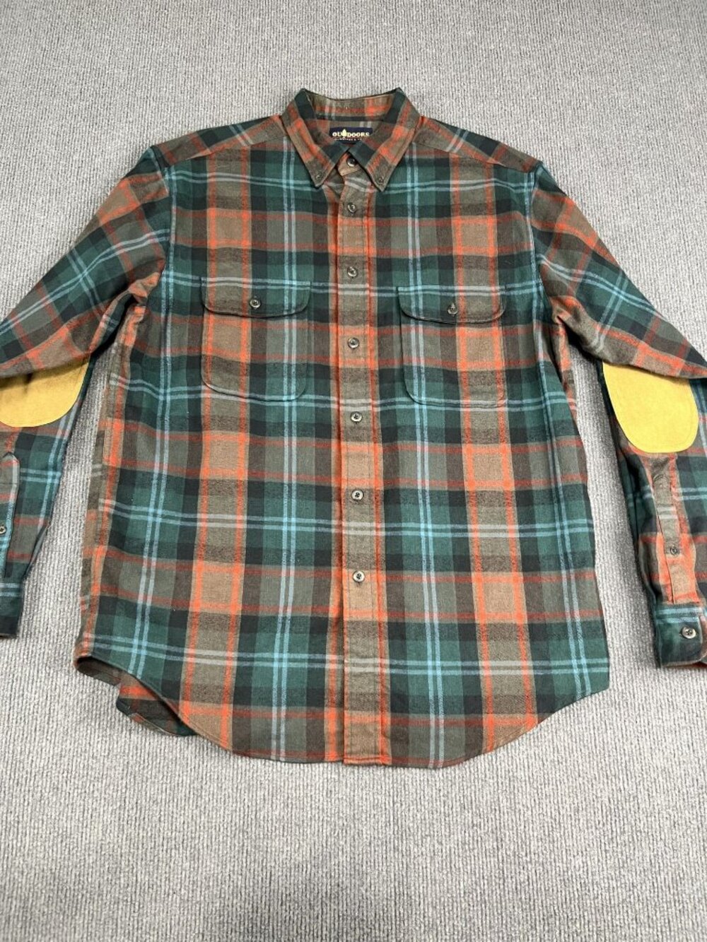 Roundtree & Yorke Mens Green & Orange Plaid Flannel Shirt Elbow Patches M
